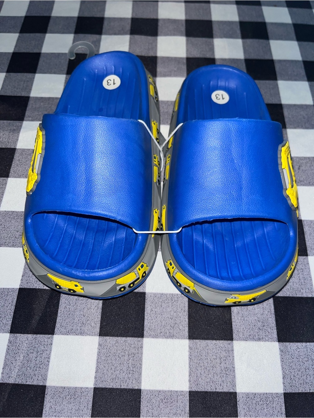 Kids Blue Slide Sandals with Yellow Car Accents - Size 1
